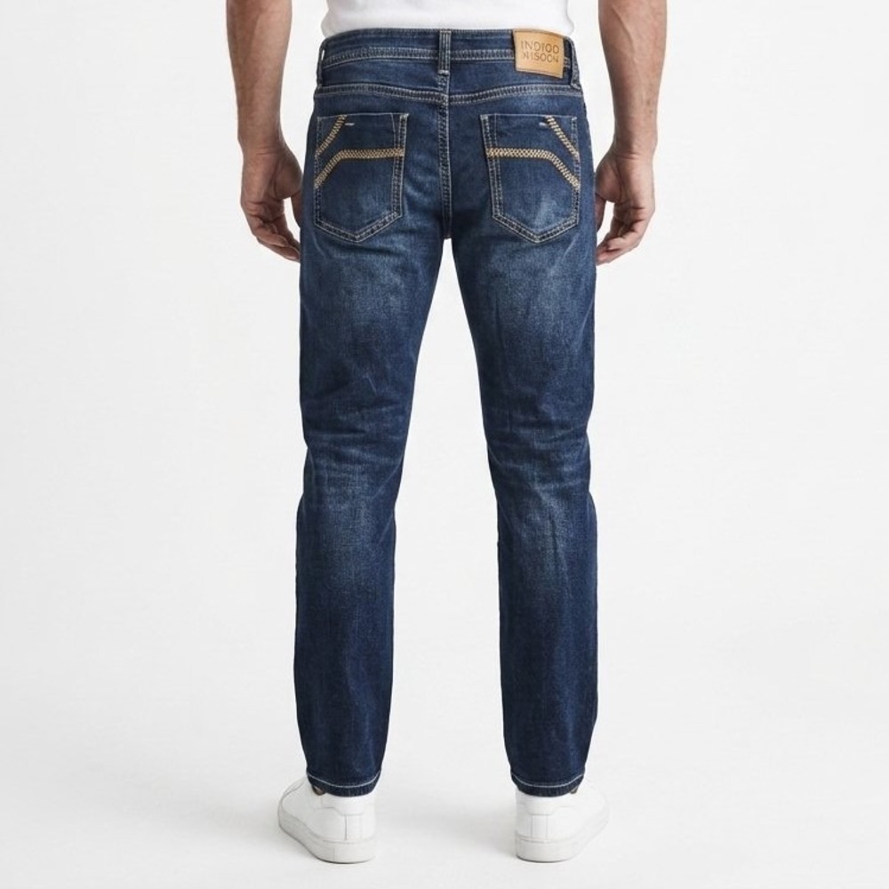 Indigo Wisdom Mens Dark Wash Straight Leg Denim Jeans Blue Contrast Stitch 36x32